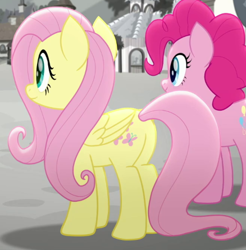 Size: 438x445 | Tagged: safe, derpibooru import, screencap, fluttershy, pinkie pie, rainbow roadtrip, butt, cropped, plot