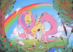 Size: 3508x2480 | Tagged: safe, artist:dizzychelsy, derpibooru import, angel bunny, fluttershy, ferret, mouse, pegasus, pony, animal, cattails, cloven hooves, female, forest, rainbow, reeds, river, screentone, sleeping, tree, unshorn fetlocks, water