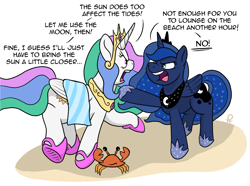 Size: 2679x1997 | Tagged: safe, artist:pony-thunder, derpibooru import, princess celestia, princess luna, alicorn, crab, pony, argument, beach, beach towel, comic, female, mare, royal sisters, siblings, sisters