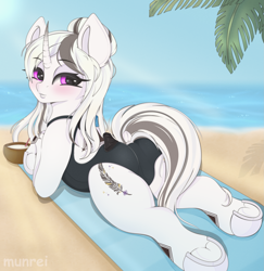 Size: 2115x2180 | Tagged: safe, artist:munrei, derpibooru import, oc, oc:chloe white, pony, unicorn, beach, blushing, butt, clothes, commission, female, horn, looking at you, lying, lying down, mare, ocean, one-piece swimsuit, plot, prone, purple eyes, solo, solo female, summer, swimsuit, water, ych result