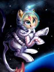 Size: 3000x4000 | Tagged: safe, artist:xyq, derpibooru import, sunset shimmer, pony, open mouth, planet, solo, space, spacesuit, stars, zero gravity