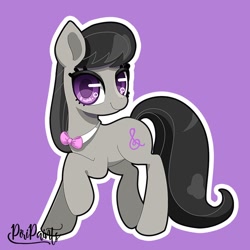 Size: 656x656 | Tagged: safe, artist:piripaints, derpibooru import, octavia melody, earth pony, pony, bowtie, cute, female, looking at you, one leg raised, purple background, simple background, solo, tavibetes