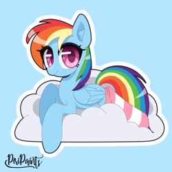 Size: 1500x1500 | Tagged: safe, artist:piripaints, derpibooru import, rainbow dash, pegasus, pony, blue background, clothes, cloud, cute, dashabetes, ear fluff, ears, female, looking at you, lying down, lying on a cloud, on a cloud, simple background, socks, solo, striped socks