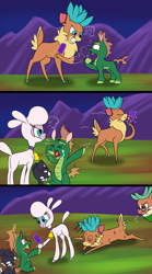 Size: 1200x2154 | Tagged: safe, artist:redahfuhrerking, derpibooru import, cashmere (tfh), pom lamb, velvet reindeer, deer, dog, dragon, hybrid, longma, reindeer, sheep, them's fightin' herds, butt, comic, community related, plot