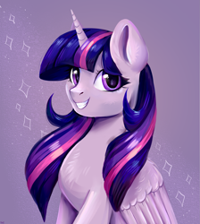 Size: 3301x3680 | Tagged: safe, artist:ske, derpibooru import, twilight sparkle, twilight sparkle (alicorn), alicorn, pony, bust, female, folded wings, grin, high res, horn, looking at you, mare, smiling, smiling at you, solo, wings