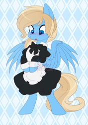 Size: 752x1063 | Tagged: safe, artist:scarlet-spectrum, derpibooru import, part of a set, oc, oc only, oc:lusty symphony, pegasus, pony, bipedal, blushing, clothes, commission, cute, dress, female, looking down, maid, mare, ocbetes, open mouth, pegasus oc, solo, surprised face, tail, watermark, wings, ych result