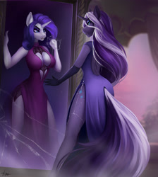 Size: 2388x2664 | Tagged: safe, artist:dacsy, derpibooru import, nightmare rarity, rarity, anthro, unicorn, absolute cleavage, ass, breasts, butt, cleavage, clothes, dress, evening gloves, evil grin, fangs, female, gloves, grin, horn, lipstick, long gloves, looking at you, mare, mirror, side slit, smiling, total sideslit, trapped
