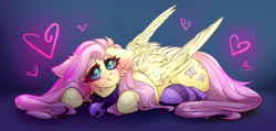 Size: 4218x2004 | Tagged: safe, artist:rico_chan, derpibooru import, fluttershy, pegasus, pony, behaving like a cat, bell, bell collar, blushing, cat bell, clothes, collar, cute, daaaaaaaaaaaw, ear fluff, ears, female, heart, looking at you, lying down, mare, prone, shyabetes, socks, solo, striped socks