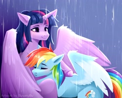 Size: 4096x3276 | Tagged: safe, artist:buvanybu, derpibooru import, rainbow dash, twilight sparkle, twilight sparkle (alicorn), alicorn, pegasus, pony, eyes closed, female, hug, lesbian, looking to side, looking to the right, mare, rain, shipping, smiling, twidash