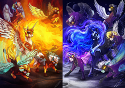 Size: 3200x2264 | Tagged: safe, artist:lupiarts, derpibooru import, daybreaker, fleetfoot, lightning dust, nightmare moon, princess celestia, princess flurry heart, princess luna, rainbow dash, soarin', spitfire, surprise, thunderlane, alicorn, pegasus, armor, contrast, evil grin, female, females only, flowing mane, juxtaposition, mare, mares only, royal sisters, shadowbolts, shadowbolts costume, siblings, sisters, traditional art
