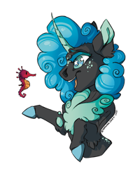 Size: 1280x1657 | Tagged: safe, artist:drawingjules, derpibooru import, oc, oc only, seahorse, seapony (g4), unicorn, blue eyes, blue mane, female, horn, mare, open mouth, seaponified, simple background, smiling, solo, species swap, teeth, transparent background, wingding eyes