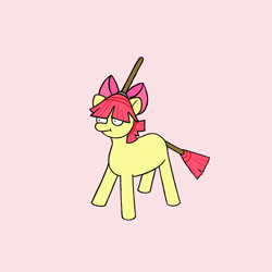 Size: 1500x1500 | Tagged: safe, artist:potatoconnoisseur, derpibooru exclusive, derpibooru import, apple bloom, earth pony, pony, apple broom, blank flank, broom, female, filly, foal, pun, simple background, solo