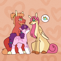 Size: 1080x1080 | Tagged: safe, artist:winter-crispy, derpibooru import, big macintosh, fluttershy, sugar belle, earth pony, pegasus, pony, unicorn, bisexual, coat markings, female, fluttermac, implied lightning dust, lesbian, male, mare, polyamory, shipping, smiling, socks (coat marking), speech bubble, stallion, straight, sugarmac, sugarshy