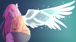 Size: 3375x1866 | Tagged: safe, artist:lunarunah, derpibooru import, fluttershy, butterfly, human, blushing, breasts, clothes, cute, female, hootershy, humanized, shyabetes, skirt, solo, sweater, sweatershy, winged humanization, wings