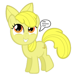Size: 720x720 | Tagged: safe, artist:pagiepoppie12345, derpibooru import, apple bloom, earth pony, pony, banana, bananabloom, bow, dialogue, dishonorapple, female, filly, foal, food, hair bow, mare, recolor, simple background, smiling, speech bubble, text, transparent background