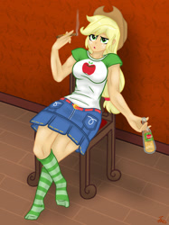 Size: 1280x1708 | Tagged: safe, artist:lennondash, derpibooru import, applejack, equestria girls, applejack's hat, applerack, belt, bottle, breasts, chair, cider, cigar, clothes, cowboy hat, denim skirt, female, hat, idgaf, lidded eyes, open mouth, shirt, sitting, skirt, slouching, smoke, smoking, socks, solo, stocking feet, striped socks, t-shirt