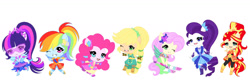 Size: 1562x511 | Tagged: safe, artist:ocean-drop, derpibooru import, applejack, fluttershy, pinkie pie, rainbow dash, rarity, sci-twi, sunset shimmer, twilight sparkle, equestria girls, chibi, crystal guardian, humane five, humane seven, humane six, ponied up, simple background, super ponied up, white background