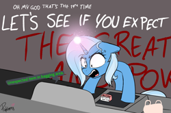 Size: 3075x2030 | Tagged: safe, artist:pinkberry, derpibooru import, trixie, pony, unicorn, angry, butter, colored, colored sketch, cross-popping veins, female, great and powerful, hooves on the table, imminent explosion, leaning on table, magic, mare, open mouth, rage, self-checkout, self-checkout machine, solo, yelling