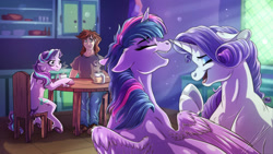 Size: 1920x1080 | Tagged: safe, artist:lupiarts, derpibooru import, rarity, starlight glimmer, twilight sparkle, twilight sparkle (alicorn), alicorn, human, pony, unicorn, chair, coffee, coffee mug, depth of field, ears, floppy ears, laughing, mug, sitting