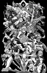 Size: 980x1515 | Tagged: safe, artist:colorreaper, derpibooru import, shanty goat, them's fightin' herds, aang, combo breaker, community related, killer instinct, link, marvel, monochrome, spider-man, teenage mutant ninja turtles, the legend of zelda