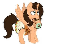 Size: 7000x5250 | Tagged: safe, artist:chewy-tartz, artist:fluffernutters16, derpibooru import, oc, oc:small brooke, alicorn, pony, begging, book, brown coat, brown mane, diaper, diaper change, diaper fetish, female, fetish, mare, non-baby in diaper, pleading, question mark, show accurate, simple background, solo, transparent background