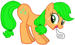 Size: 1076x657 | Tagged: safe, artist:pagiepoppie12345, derpibooru import, applejack, earth pony, pony, dialogue, dishonorapple, female, food, hatless, mare, missing accessory, pear, pearjack, simple background, smiling, speech bubble, text, transparent background