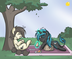 Size: 850x700 | Tagged: safe, artist:bamboodog, derpibooru import, oc, oc only, oc:cheshire grin, oc:inks, pegasus, pony, unicorn, basket, facial hair, food, leonine tail, picnic, picnic basket, picnic blanket, sandwich, sun, tail, tree