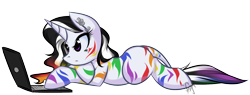 Size: 1626x620 | Tagged: safe, artist:bamboodog, derpibooru import, oc, oc only, pony, unicorn, zebra, zebracorn, colorful, computer, laptop computer, simple background, solo, transparent background