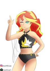 Size: 724x1024 | Tagged: safe, artist:axeldraw1, derpibooru import, sunset shimmer, equestria girls, bare shoulders, bikini, clothes, eyebrows, eyebrows visible through hair, female, hand on hip, human coloration, one eye closed, signature, simple background, sleeveless, solo, sunset shimmer's beach shorts swimsuit, swimsuit, white background