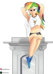 Size: 718x1005 | Tagged: safe, artist:axeldraw1, derpibooru import, rainbow dash, equestria girls, arm behind head, armpits, belly button, female, human coloration, multicolored hair, rainbow hair, simple background, solo, white background