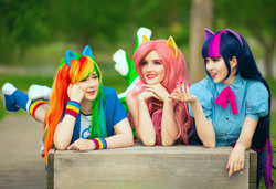 Size: 1280x875 | Tagged: safe, artist:krutaiamaria, artist:seabeersky, artist:yofipie, derpibooru import, fluttershy, rainbow dash, twilight sparkle, human, equestria girls, bare shoulders, clothes, cosplay, costume, irl, irl human, multicolored hair, photo, rainbow hair, sleeveless, tanktop, trio