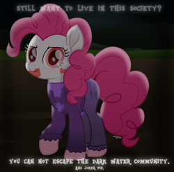 Size: 6265x6172 | Tagged: safe, artist:lincolnbrewsterfan, color edit, derpibooru exclusive, derpibooru import, idw, pinkie pie, earth pony, pony, ponies of dark water, rainbow roadtrip, .svg available, alternate color palette, button, caption, clothes, colored, contemplating insanity, curly hair, curly mane, curly tail, cutie mark on clothes, dark, dark side, dc comics, dim light, equestria font, evil grin, evil side, expand dong, exploitable meme, face paint, female, frills, gameloft, glowing, grin, highlights, idw moviefied, idw showified, image macro, lipstick, long sleeves, looking at you, makeup, mare, meme, mind break, movie accurate, paint, palette swap, pants, personality swap, pink mane, pink tail, pinkie joker, pinkie pie's cutie mark, plotting your demise, propaganda, raised hoof, raised leg, recolor, red eyes, red eyes take warning, resistance is futile, shirt, show moviefied, smiling, smiling at you, smirk, standing, subverted meme, svg, tail, text, the joker, translucent, vector, vector edit, we live in a society, you can not escape, you can't have a nightmare if you never dream