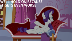 Size: 1920x1080 | Tagged: safe, derpibooru import, edit, edited screencap, editor:quoterific, screencap, rarity, pony, unicorn, ppov, season 6, carousel boutique, female, mare, open mouth, sofa, solo, text