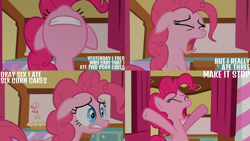 Size: 4400x2475 | Tagged: safe, derpibooru import, edit, edited screencap, editor:quoterific, screencap, pinkie pie, earth pony, pony, season 2, the cutie pox, ears, eyes closed, female, floppy ears, mare, nose in the air, open mouth, solo, sugarcube corner, text
