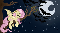 Size: 1280x720 | Tagged: safe, artist:goreharvest, derpibooru import, fluttershy, bat, bat pony, bat ponified, cute, daaaaaaaaaaaw, female, flutterbat, leaves, mare, moon, night, race swap, shyabates, shyabetes, sleeping, species swap, stars, tree, tree branch