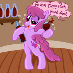 Size: 1280x1280 | Tagged: safe, artist:goreharvest, derpibooru import, berry punch, berryshine, earth pony, pony, alcohol, bipedal, drunk, go home you're drunk, hoof hold, wine