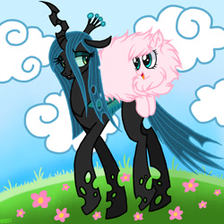 Size: 1280x1281 | Tagged: safe, artist:goreharvest, derpibooru import, queen chrysalis, oc, oc:fluffle puff, changeling, changeling queen, earth pony, pony, duo, female