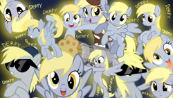 Size: 1280x720 | Tagged: safe, artist:goreharvest, derpibooru import, derpy hooves, pegasus, pony, bipedal, female, mare, muffin cannon, multeity, sunglasses, tongue, tongue out, unstoppable force of derp, wallpaper