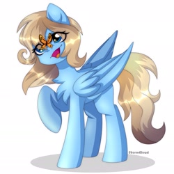 Size: 1773x1773 | Tagged: safe, artist:leah minik, derpibooru import, oc, oc only, oc:lusty symphony, butterfly, pegasus, pony, chest fluff, female, happy, open mouth, pegasus oc, simple background, solo, white background, wings