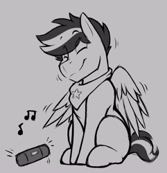 Size: 3949x4096 | Tagged: safe, artist:denzel, derpibooru import, oc, oc only, oc:kibbie, pegasus, bandana, cute, male, music, music notes, solo, stallion, vibing