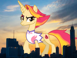 Size: 1600x1200 | Tagged: safe, artist:cheezedoodle96, artist:thegiantponyfan, derpibooru import, edit, fire flare, pony, unicorn, clothes, female, giant pony, giant unicorn, giantess, highrise ponies, irl, leotard, looking at you, macro, mare, mega giant, photo, ponies in real life, seoul, smiling, south korea