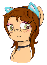 Size: 1709x2345 | Tagged: safe, artist:melody joy, derpibooru import, oc, oc:sunrise pegasus, pegasus, pony, blushing, bust, cat ears, collar, glasses, pegasus oc, portrait, simple background, smiling, transparent background