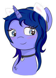 Size: 1709x2345 | Tagged: safe, artist:melody joy, derpibooru import, oc, oc:simetra, pony, unicorn, blushing, bust, cat ears, collar, portrait, simple background, smiling, transparent background