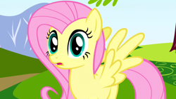 Size: 1280x720 | Tagged: safe, derpibooru import, screencap, fluttershy, pegasus, pony, friendship is magic, female, hill, mare, solo, spread wings, surprised, tree, wide eyes, wings