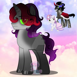Size: 1280x1280 | Tagged: safe, artist:shiee-artopia223, derpibooru import, king sombra, sweetie belle, earth pony, pony, unicorn, base used, clothes, dress, eye clipping through hair, female, floral head wreath, flower, frown, fusion, hoof polish, mare