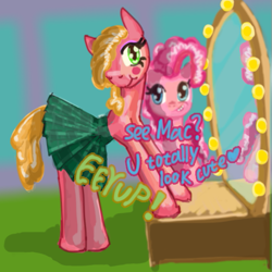 Size: 535x535 | Tagged: safe, derpibooru import, big macintosh, pinkie pie, earth pony, pony, clothes, femboy, girly, makeup, male, mirror, simple background, skirt