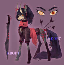 Size: 1269x1280 | Tagged: safe, artist:meggychocolatka, derpibooru import, oc, oc only, pony, arrow, clothes, ear piercing, earring, heterochromia, horns, jewelry, piercing, socks, sword, tail, tail wrap, torn ear, weapon