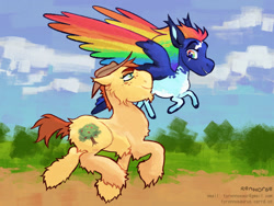 Size: 1280x960 | Tagged: safe, artist:renhorse, derpibooru import, applejack, rainbow dash, pony, alternate design, flying, running