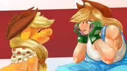 Size: 3840x2160 | Tagged: safe, artist:applephil, derpibooru import, applejack, earth pony, human, pony, applejacked, applerack, breasts, clothes, duo, ears, eyes closed, faic, female, floppy ears, gloves, granny smith's shawl, human ponidox, humanized, mare, muscles, muscular female, overalls, scarf, self paradox, self ponidox, silly, tongue, tongue out
