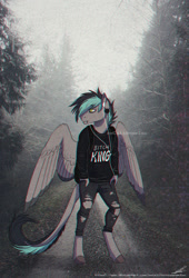 Size: 600x880 | Tagged: safe, artist:kingprobby, derpibooru import, oc, anthro, pegasus, unguligrade anthro, clothes, hoodie, pants, ripped pants, solo, torn clothes